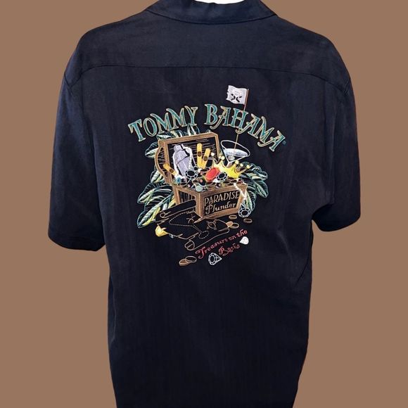 Tommy Bahama Black 100% Silk Embroidered "Treasure on the Rocks” Camp Shirt M #2 - Picture 1 of 8